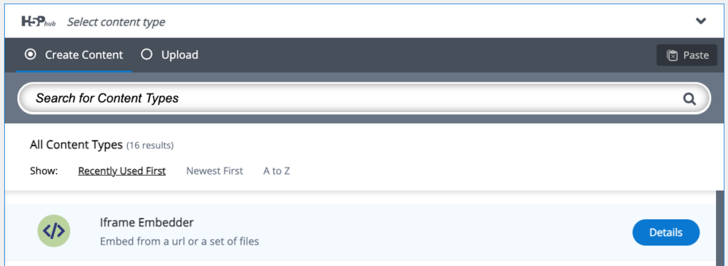 The H5P Content Hub displaying the iframe embedder option