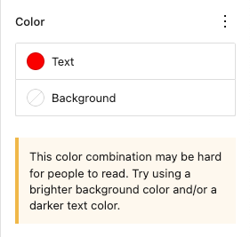 The WordPress Style settings block displaying an error message that the chosen colors can be difficult for some people to read.