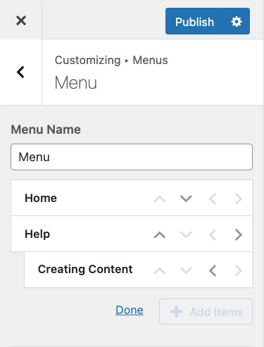 A WordPress menu with with arrows displaying how it can be reordered