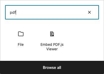The WordPress block inserter displaying the Embed PDF.js Viewer block