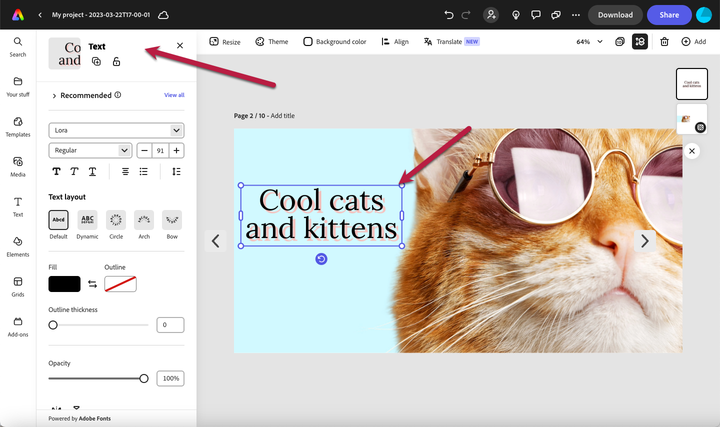 Cover text edits in Adobe Express