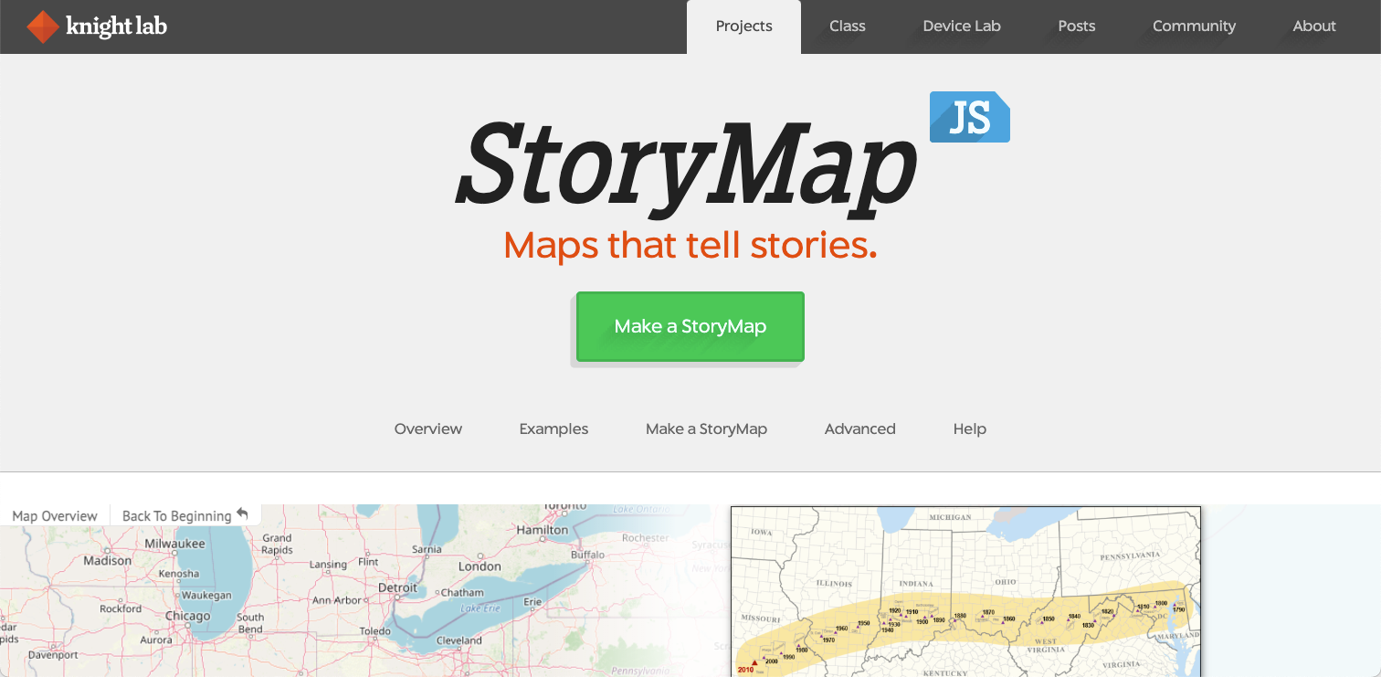 The StoryMapJS Landing page with the green Make a StoryMap button