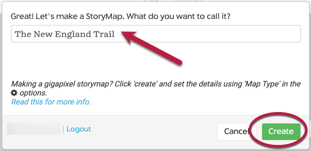 The create story map window with the title of the map filled in and indicated by a red arrow and the create button circled in red