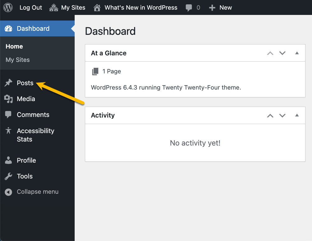 The wordpress dashboard with an arrow pointing out the posts link in the left navigation 