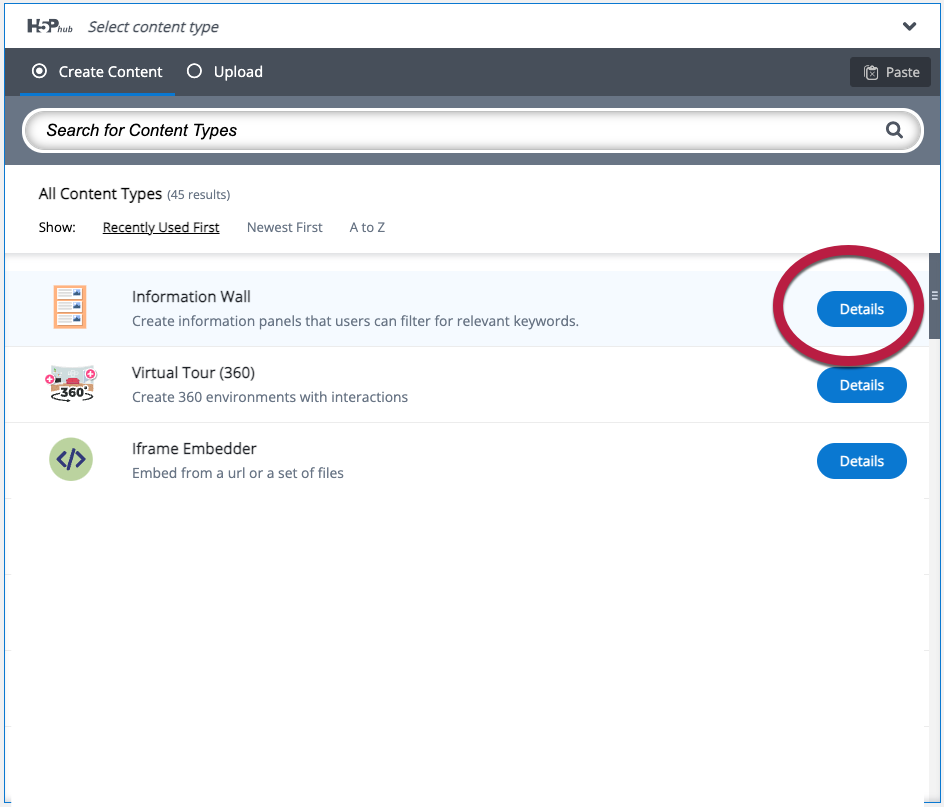The information wall H5P content type in the H5P content hub