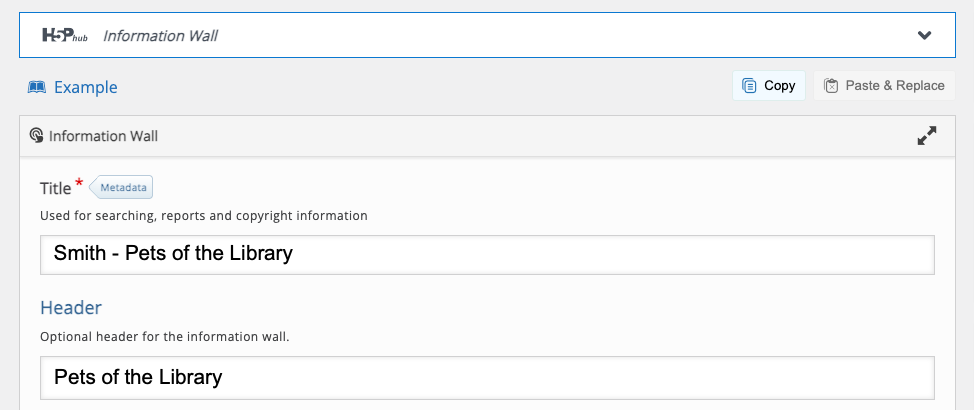 The Title and Header fields in the H5P Information Wall