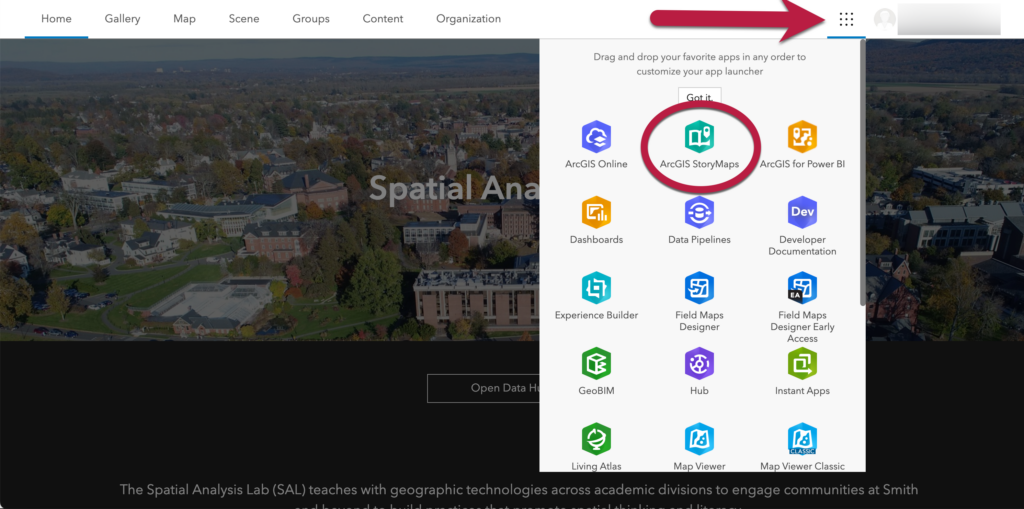 The ARCGIS homepage displaying the app launcher and the ARCGIS StoryMaps icon circled in red