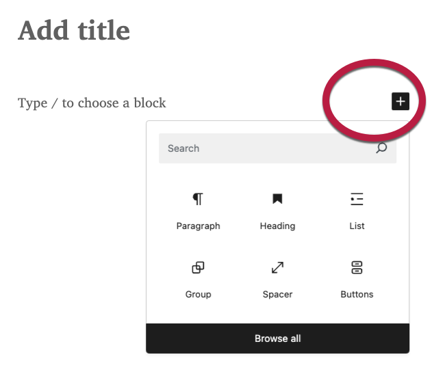 The expanded block inserter with a red circle highlighting the black square that opens it