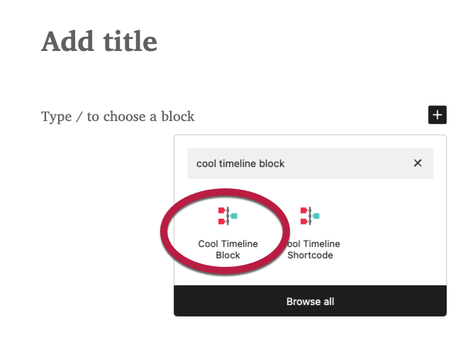 The cool timeline block in the block inserter circled in red