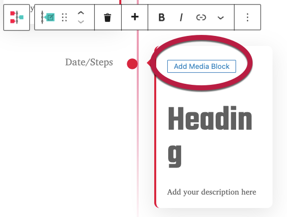 The Add Media Block button in a cool timeline block circled in red