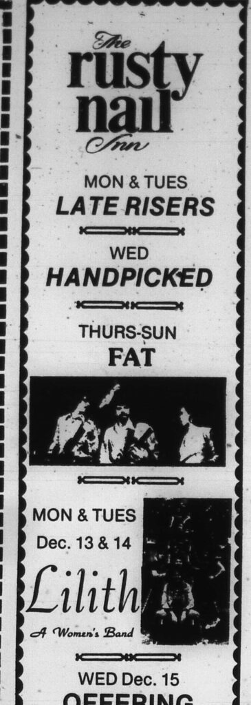 A concert listing in the December 8, 1976 edition of the Valley Advocate advertising two Lilith shows at the Rusty Nail in nearby Sunderland, MA the following week.
