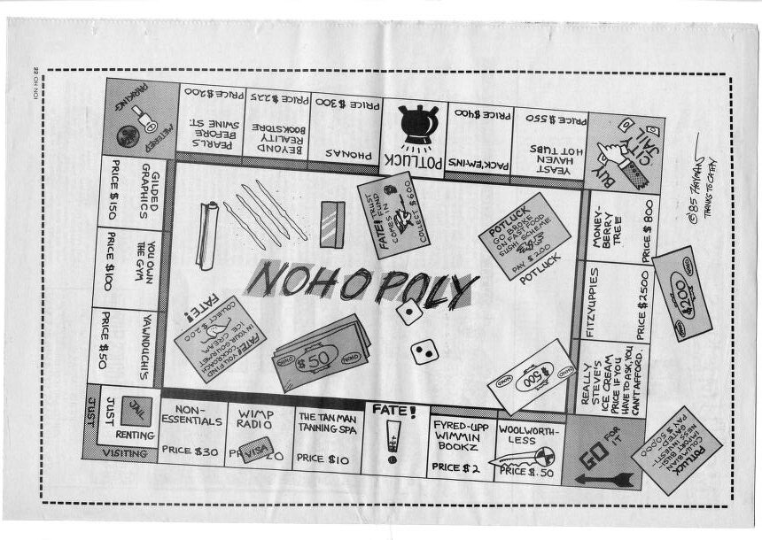 A satirical cartoon Monopoly board with the game's traditional elements replaced with jokes poking fun at Northampton’s culture and increasingly high cost of living in 1985.