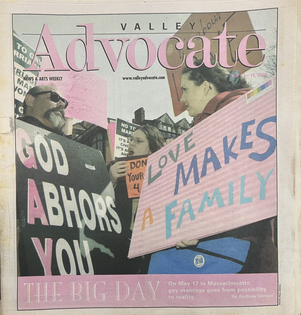 Photo of anti and pro gay marriage protestors on the cover of the Valley Advocate issue discussing legal gay marriage in Massachusetts.