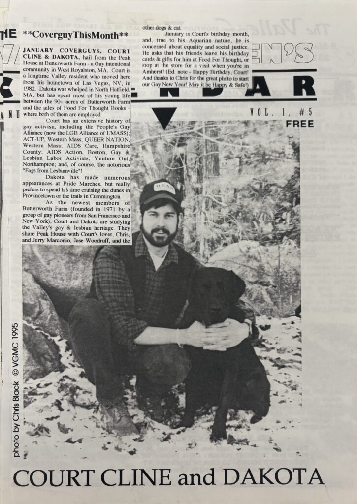Court Cline and his dog Dakota as the “Coverguys” for the January 1995 of The Valley Gay Men Calendar.