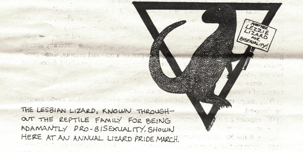 The Lezzie Lizard holds a sign showing support for bisexuals