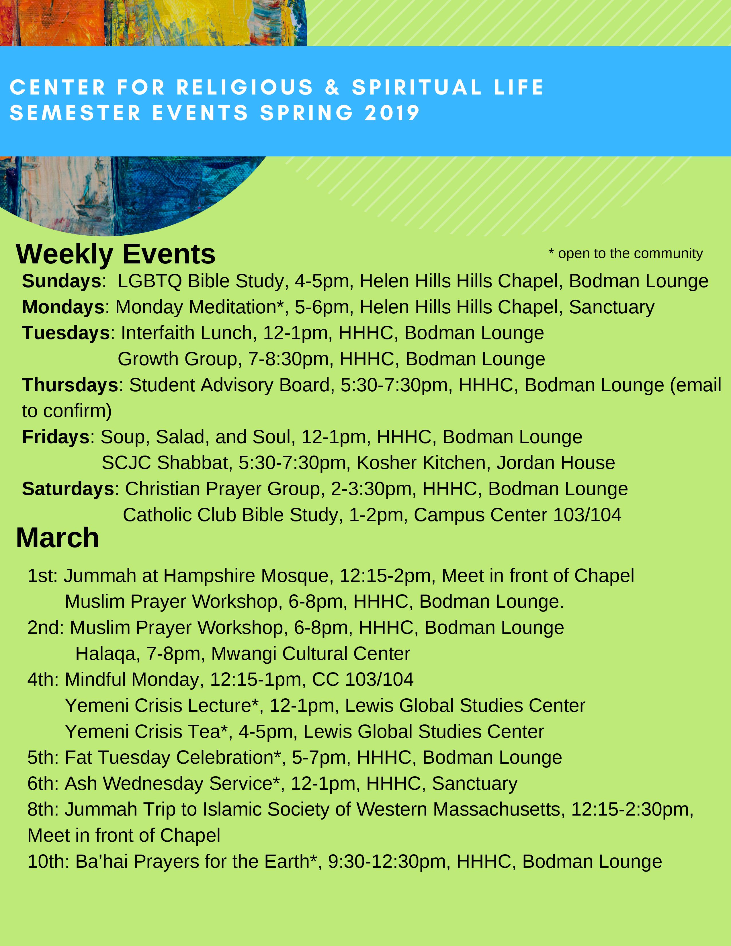Spring 2019 Event Calendar | Center for Religious and Spiritual Life