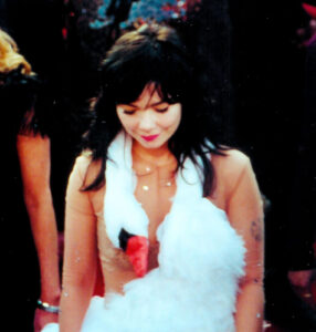 Bjork wearing a unique dress resembling a swan, featuring a white feathered bodice and red beak detail. The tone is whimsical and bold.