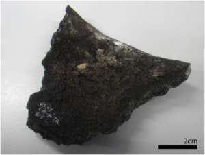 A dark, triangular rock fragment with a rough, cracked surface is displayed on a light background. The scale bar indicates the fragment is 2 cm wide.