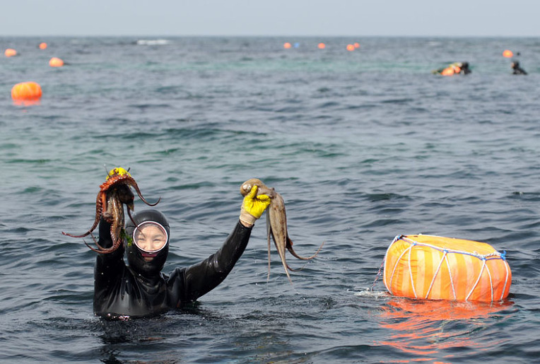 A diver in a wetsuit holds up two octopuses triumphantly in the ocean. Orange buoys float nearby, and the scene conveys a sense of adventure.