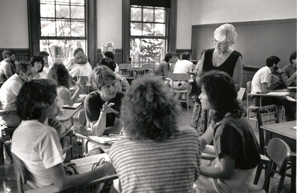 Black and white photo of 1980s classroom discussions