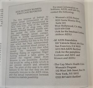 Segment in the magazie On Our Backs titled "AIDS Between Women: First Case Recorded"
