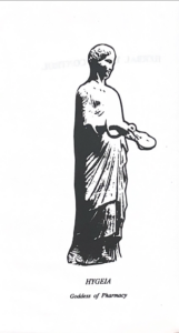 Drawing of Hygeia Goddess of Pharmacy from the zine Herbal Birth Control: A Brief History With Ancient and Modern Herbal Recipes