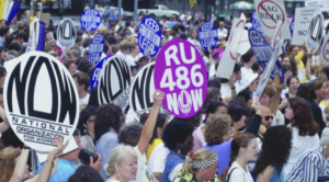 This photograph shows a crowd of protestors, and is focused on the main sign saying RU-486 now. 