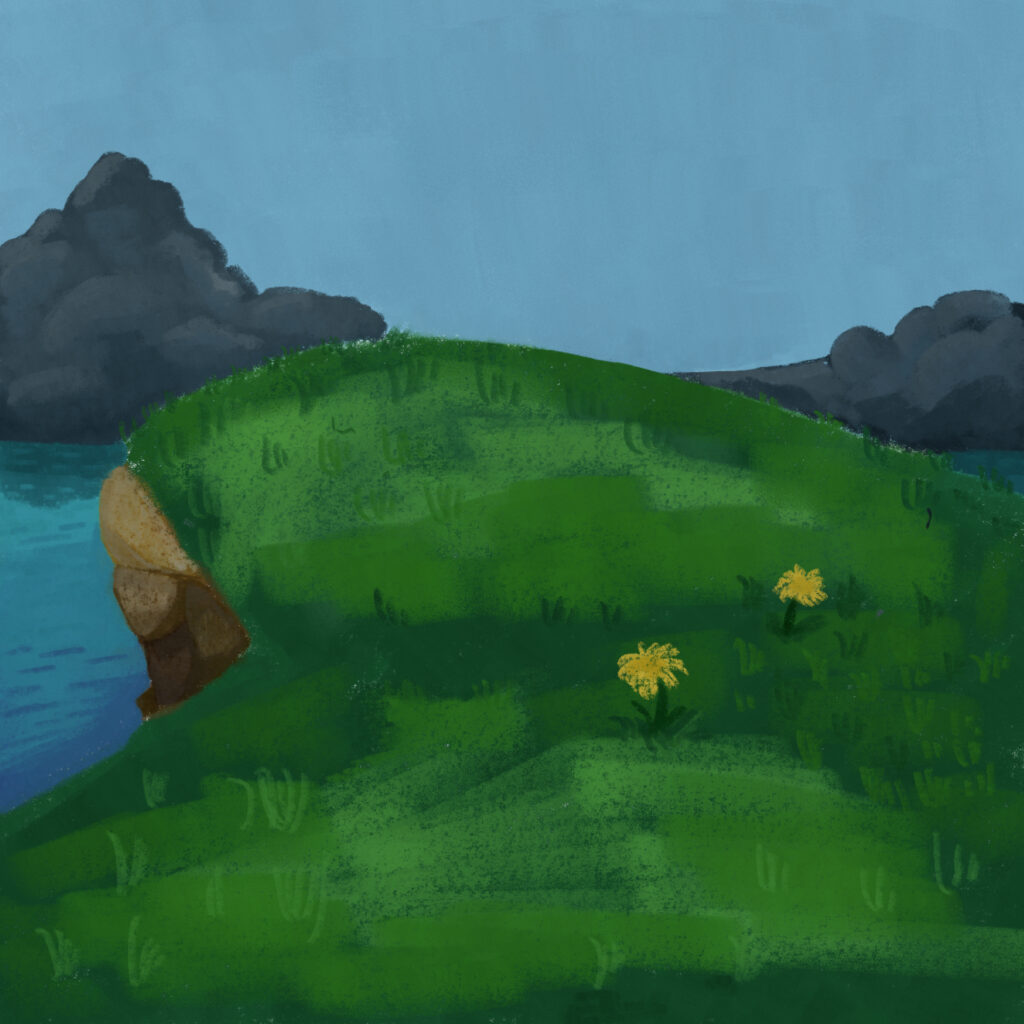 An illustration of a grassy cliff with a few dandelions overlooking the ocean, with dark clouds in the distance.