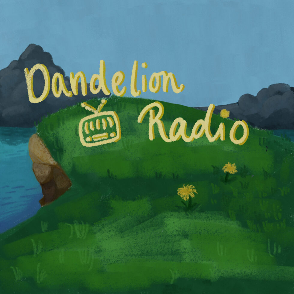 An illustrated photo of a grassy cliffside with a few dandelions, overlooking the ocean with dark clouds in the distance. The title Dandelion Radio with an old fashioned radio is written over the image in yellow.
