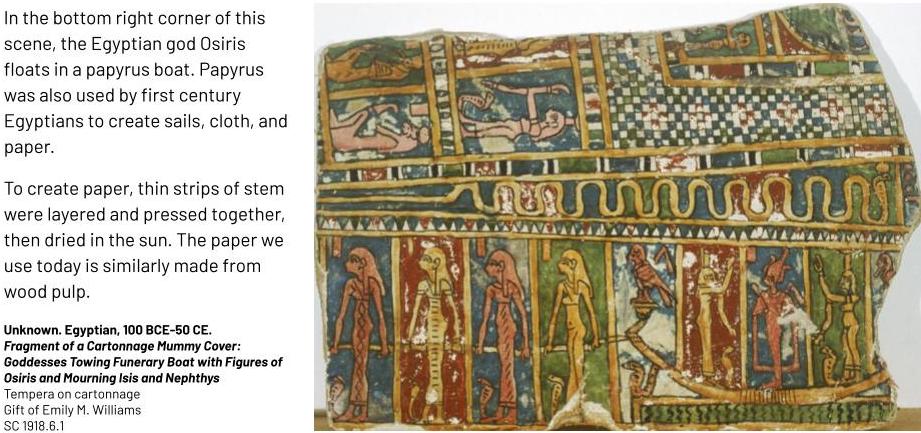 Complex Egyptian painting, including a man standing on a boat woven of papyrus reeds. In the bottom right corner of this scene, the Egyptian god Osiris floats in a papyrus boat. Papyrus was also used by first century Egyptians to create sails, cloth, and paper. To create paper, thin strips of stem were layered and pressed together, then dried in the sun. The paper we use today is similarly made from wood pulp. Unknown. Egyptian, 100 BCE-50 CE. Fragment of a Cartonnage Mummy Cover: Goddesses Towing Funerary Boat with Figures of Osiris and Mourning Isis and Nephthys Tempera on cartonnage Gift of Emily M. Williams SC 1918.6.1
