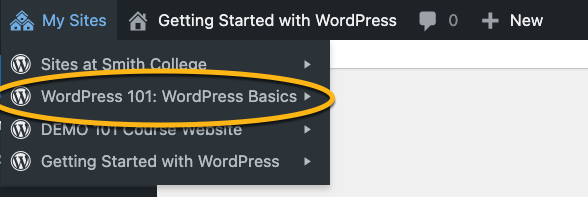 The list of sites listed under the My Sites option in the WordPress toolbar