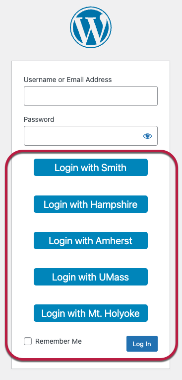 The WordPress login screen with buttons for each five college school circled in red