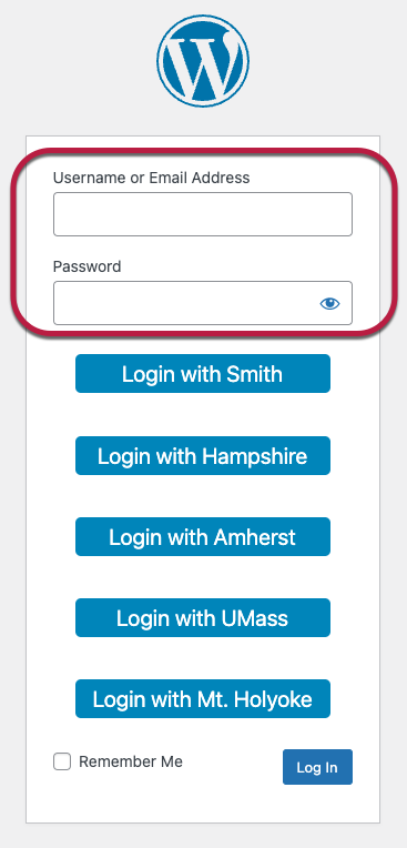 The WordPress Login screen with the username and password fields circled in red