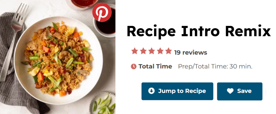 A recipe heading with a photo of a bowl of fried rice. The title of the recipe seems to be "Recipe Intro Remix".