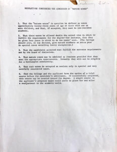 A document listing the requirements for the Mature Women's Program.